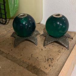 Vintage Green Lucite Candle Holder With Aluminum Star Base. 