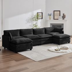 146” Black Modular U-Shaped Chenille Sectional Sofa w/ Ottoman  [NEW IN BOX] **Retails for $1400