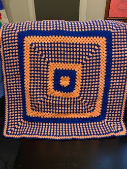 Handmade and Crochet Granny Square Blue and Orange Lap Blanket