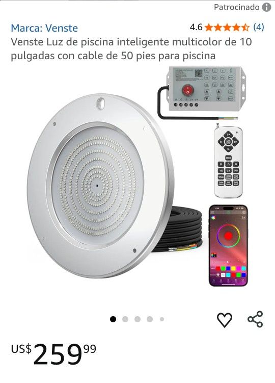 Venste 10-inch Multicolor Smart Pool Light with 50ft Cable for Swimming Pool
