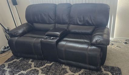 Genuine Leather Power Reclining Loveseat w/ Console (Dual Recline + Power Headrests)