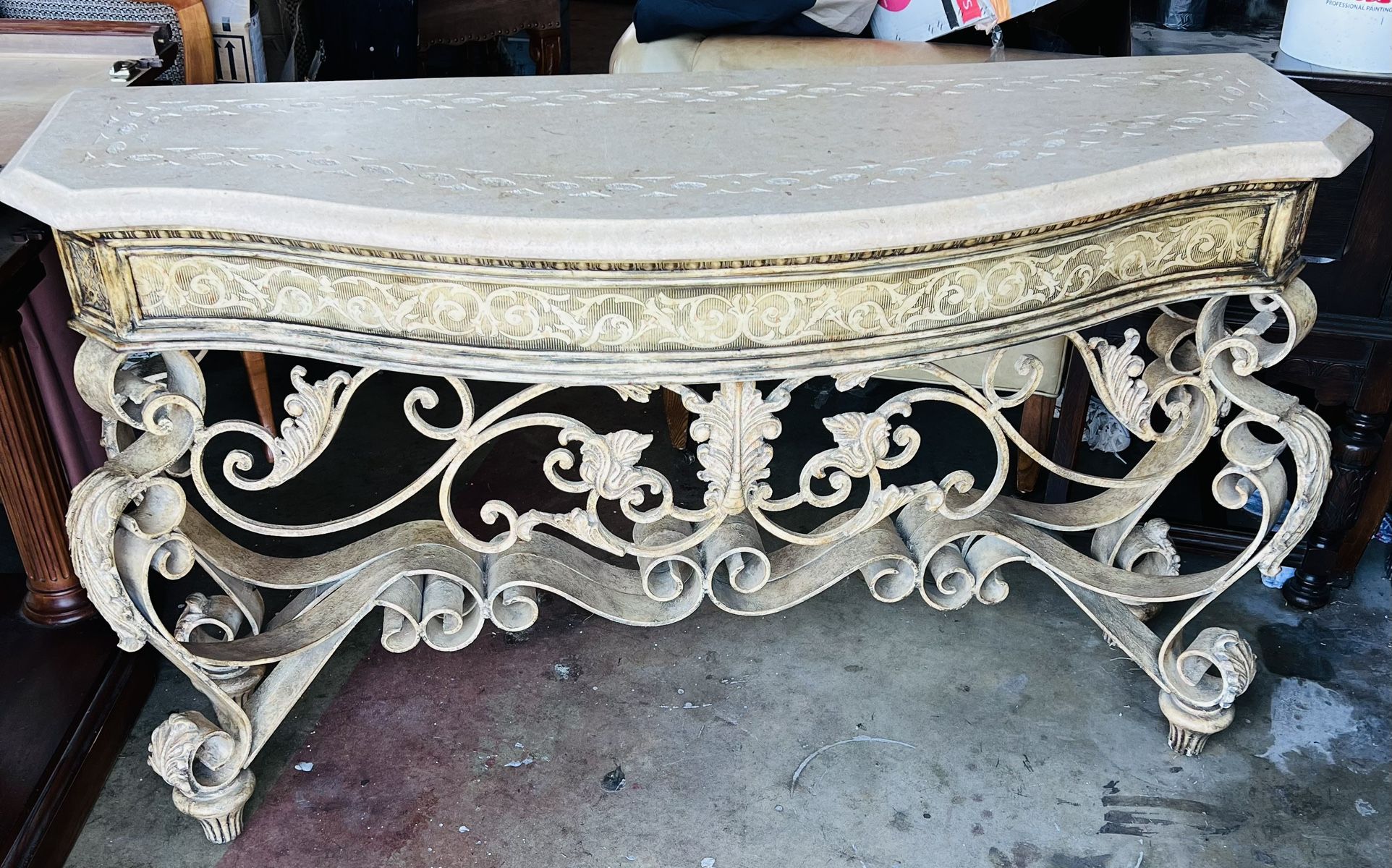 Elegant Pulaski Marble Top Console Table with Ornate Metal Base