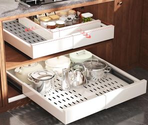 Pull Out Cabinet Organizer,4-Side Expandable to Maximize Cabinet Space,Slide Out Drawers with 3 Rail Design,Roll Out Shelf with Raising Pad for Framed