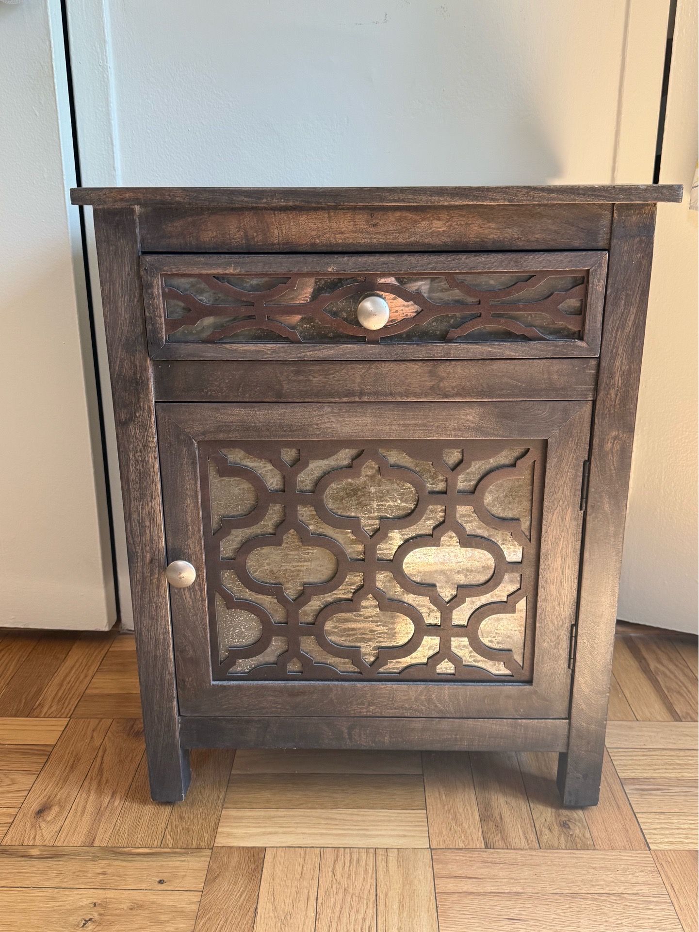 Antiqued Dark Wood Mirror Cabinet Nightstand