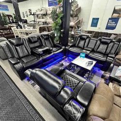 3PC Black leather power recliner sofa set with USB and LED