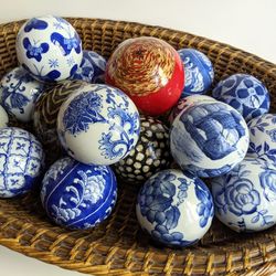Set of 4 Handpainted Blue & White Porcelain Orbs Balls