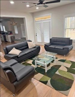 😍 Brand New Modern Black Premium Leather Sofa & Loveseat Set - Opt Chair | Pickup & Delivery 🚚