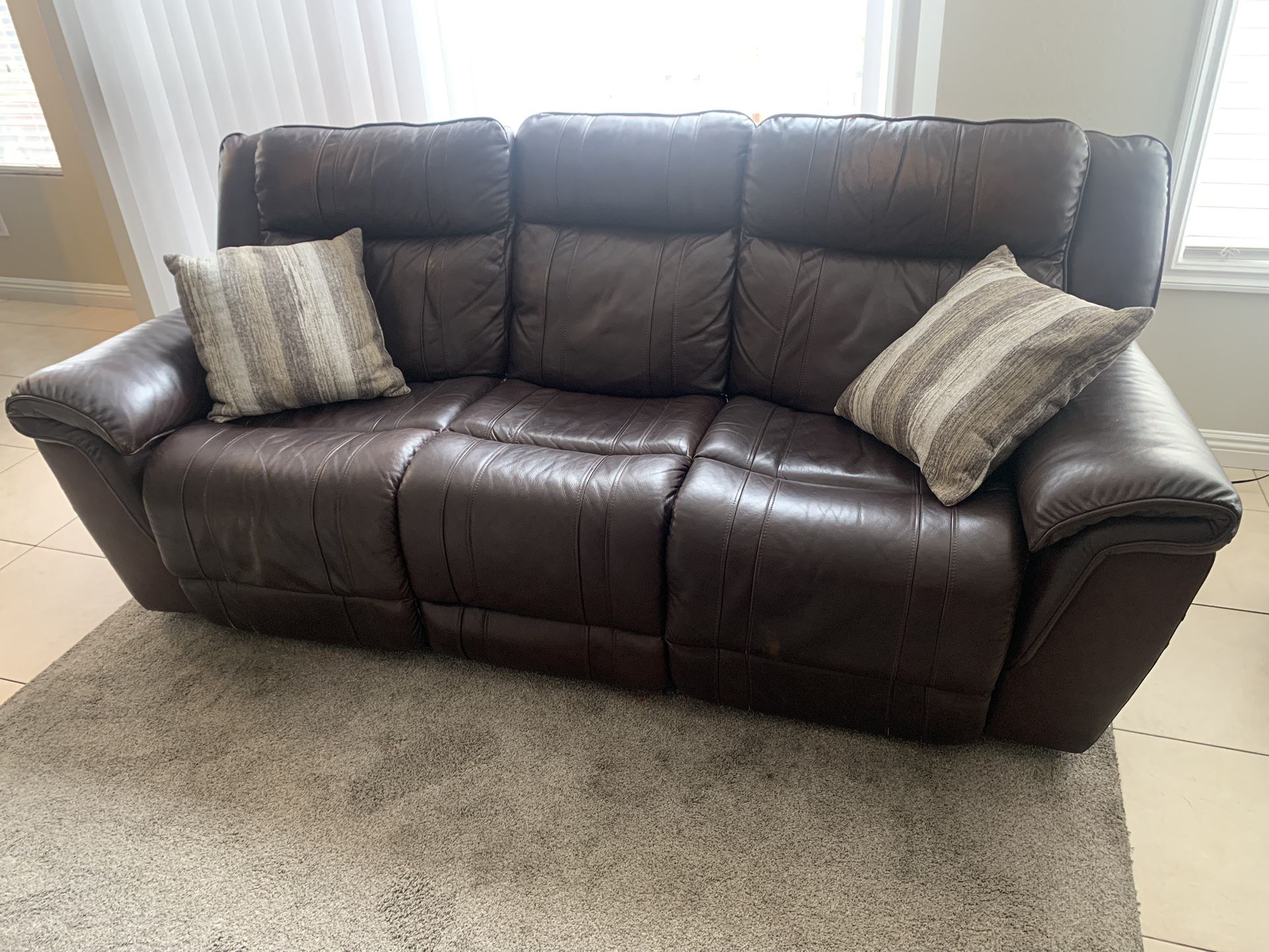 Brown Leather Couch with Double Recliner - Good Condition