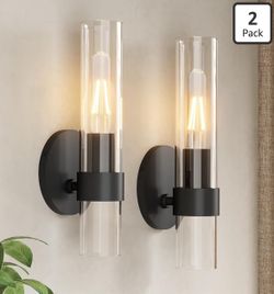 2 Pack Modern Black Wall Sconces Glass Cylinder Wall Lights