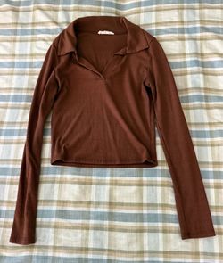 Brown Ribbed Collared Crop Top Long Sleeves