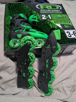 Green and black interchangeable skates and rollerblades