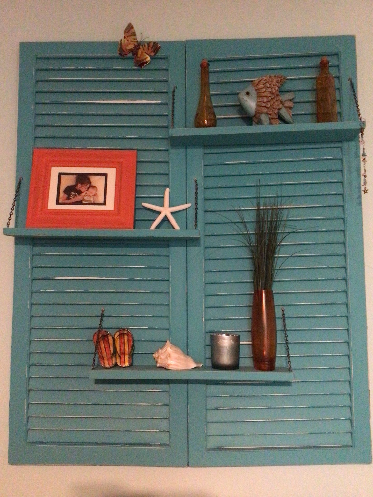 Beachy Painted Shutter With 3 Shelves-44” H X 36” Wide