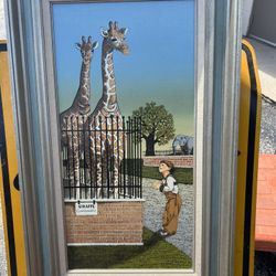 Vintage oil painting framed by H. Hargrove titled "Boy with Giraffes” with certified seal on back