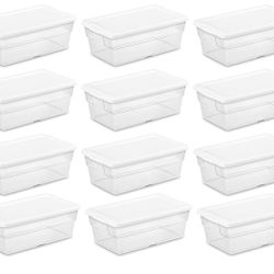 H18-Sterilite 6 Qt Storage Box, Stackable Bin with Lid, Plastic Container to Organize Shoes and Crafts on Closet Shelves, Clear with White Lid, (Pack 