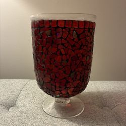 RED MOSAIC HURRICANE GLASS VASE /CANDLE HOLDER TALL 8.75"