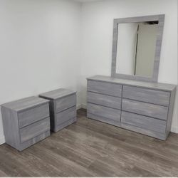 DRESSER WITH MIRROR AND TWO NIGHTSTANDS 