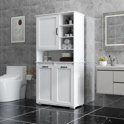 Laundry Cabinet with Doors and Shelf, Tilt-Out Laundry Hamper, Multiple Storage Space, Freestanding Style, Open Shelve, Adjustable Shelf,