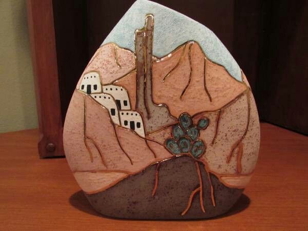 Adobe hand painted vase with gold details - southwest desert -