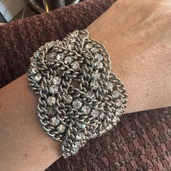 Vintage Silver Metal Braided Rhinestone Bracelet
