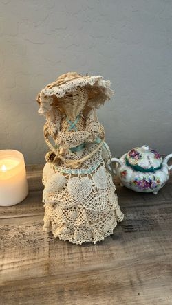 Vintage Woven Wicker & Crochet Lady Figurine – 11" Tall Doll with Hat & Basket