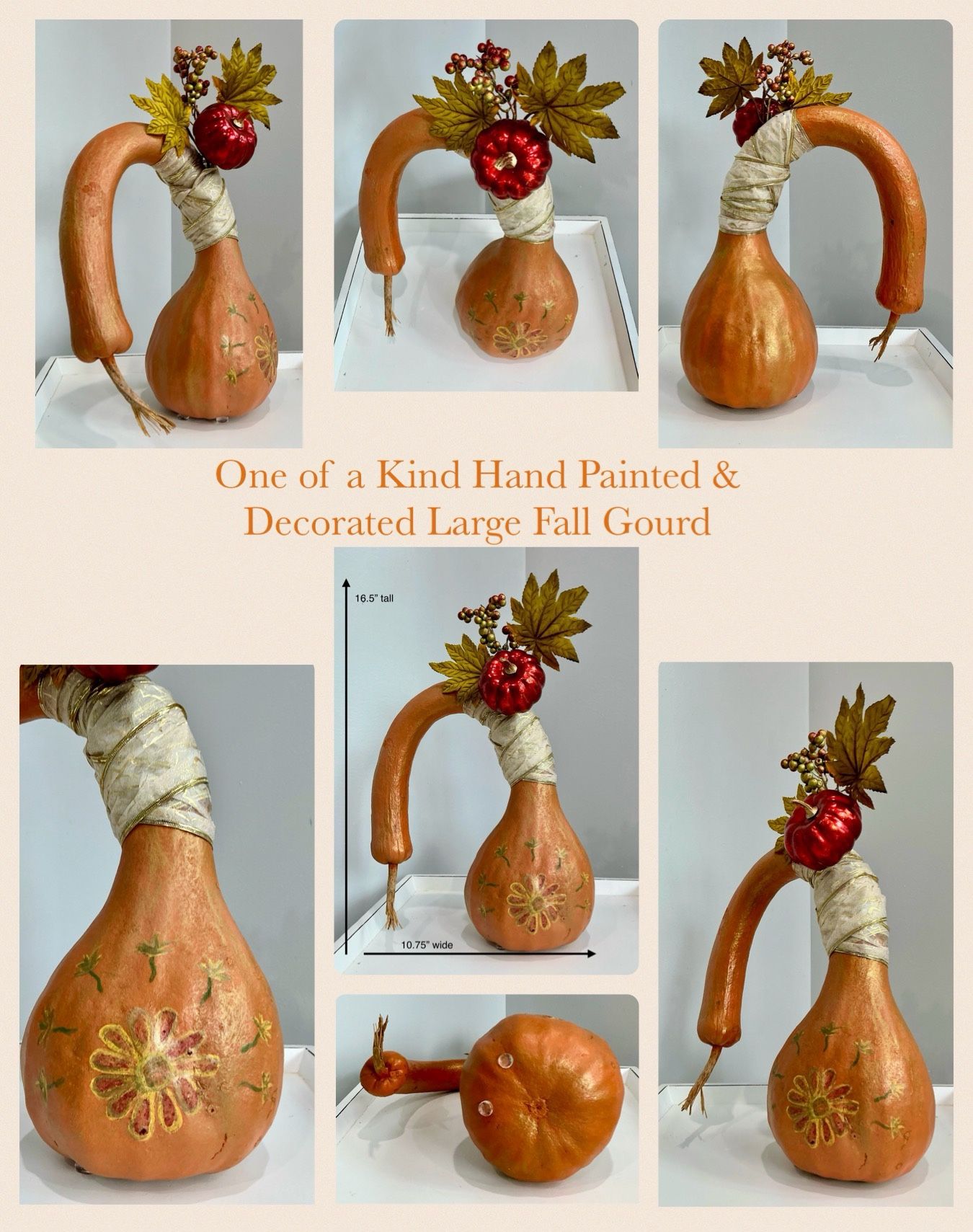 New One of a Kind Hand Painted & Decorated Large Fall Gourd