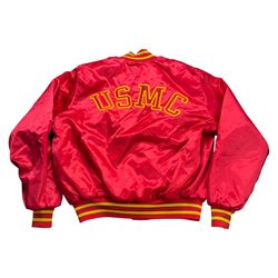 Vintage USMC Marines Satin Bomber Red Quilted Jacket Varsity Adult Size XL USA Semper Fi
