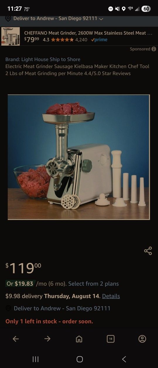 Electric Meat Grinder Sausage Kielbasa Maker Kitchen Chef Tool 2 Lbs Of Meat Grinding Per Minute