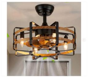 20 in. 4-Light Indoor Farmhouse Black Caged Ceiling Fan with Light Wood Grain - New