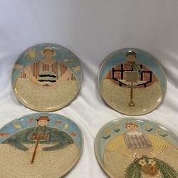 Set Of Four Folk Craft Pottery Hand Painted Plates 