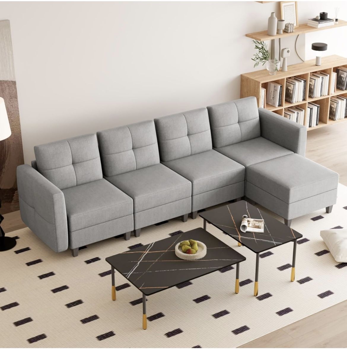 5 Pieces Modular Sectional Sofa Couch with Storage, Linen L-Shaped 4-seat Large Sectional Couch