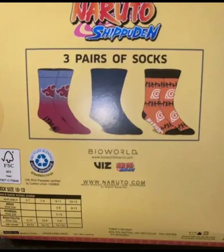 Naruto Shippuden 3 Pair Men's Crew Socks Fits Sock Size 10-13, Shoe Size 8-12.... CHECK OUT MY PAGE FOR MORE ITEMS