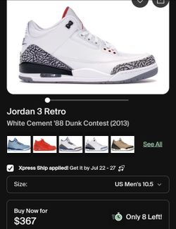 Jordan 3 Retro White Cement 88 Dunk Contest 
Used
Size 10.5