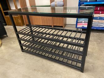 Black Metal Wine Rack with Glass Top and Wine Glass Storage