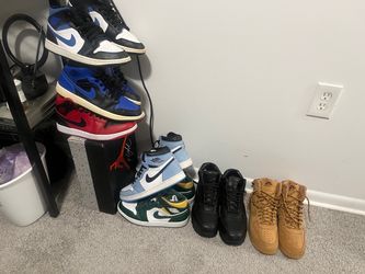 Men Jordan 1s.. Size 9 light blue $85)(Royal blue & black $85) (Green, Black White, $100.00) (Red and Black New!! $110.00) (Gold Suede Nike’s, $85)