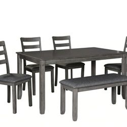 [SPECIAL] Bridson Gray Dining Table and Chairs with Bench (Set of 6)

