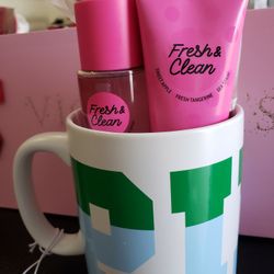 Victoria's Secret Fresh And Clean Mist and Lotion with Pink Mug