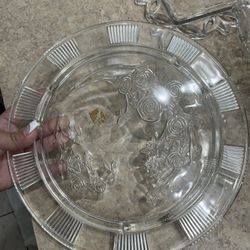 Glass Rose Etched Design Cake Stand With Lil Glass Legs - 4$