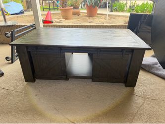 Rustic Farmhouse Coffee Table with Sliding Barn Doors & Storage