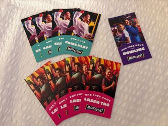 Main Event Coupons (1) 1Hr free Bowling up to 6 players, (4) 1Hr Of free Game Play & (4) Lazer Tag Passes