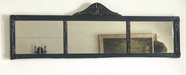Beautiful Vintage 3 Panel Etched Glass Mirror with Black Ornate Frame Gold Highlights - 50x12 ½”