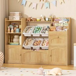 Toy Storage Organizer with Movable Drawer, Kids Bookshelf with bins, Oak Toy Organizers and Storage with Hidden Wheels, Large Toy Storage and Toy Ches