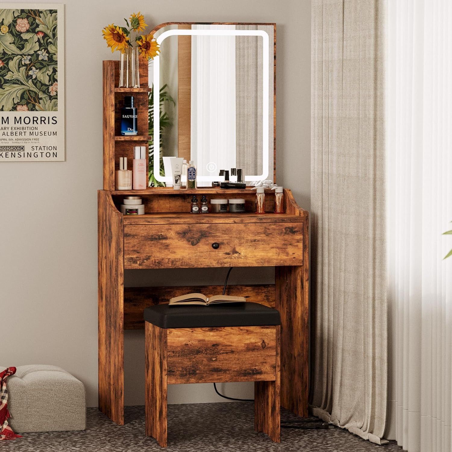 Small Makeup Vanity Desk with Mirror and Lights, Vanity Table Set with Storage Drawer & Chair & 3 Shelves, Bedroom, Vintage Brown