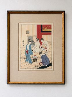 Mid-Century Uchida Art Co. Woodblock Print – Torii Kiyonaga "Women's Bath-House" Framed