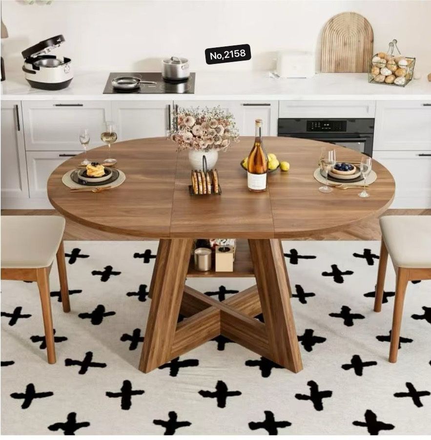 43.3in-59in Extendable Dining Table for 4-6, Round Kitchen Dining Room Table with Removable Leaves Space Saving, Space Saving, Wooden Cross Base with