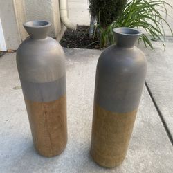 Tall Modern Gray & Wood Floor Vases – Set of 2