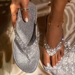 Women Flip Flop Slippers Slides Bling Rhinestone Ladies Shoes Casual Summer Flat Female Crystal Glitter Woman Plus Size 2022   Size: 37 (6.5 US) Messa