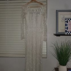 Davids Bridal All Over Scroll Beaded Illusion Long Sleeve Gown