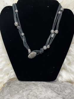 Black Suede And Silver Beads Choker Necklace 