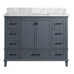 Home Decorators Collection Merryfield 43 in. Dark Blue-Grey Vanity with White Marble Top and 24 in. Mirror Combo