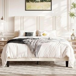 Full Upholstered Platform Bed Frame with Tall Headboard